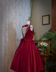 Wedding Dresses Online Shopping, Wine Red Satin Tea Length Party Dress with Bow, Wine Red Wedding Party Dress