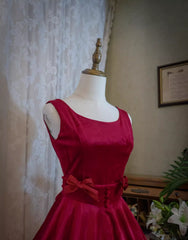 Wedding Dress Online Shopping, Wine Red Satin Tea Length Party Dress with Bow, Wine Red Wedding Party Dress