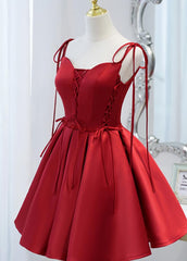 Prom Dresses Open Backs, Wine Red Satin V-neckline Straps Beaded Short Prom Dress, Wine Red Party Dresses