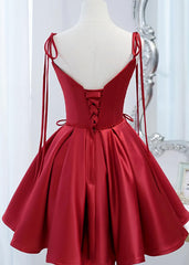 Prom Dress Green, Wine Red Satin V-neckline Straps Beaded Short Prom Dress, Wine Red Party Dresses