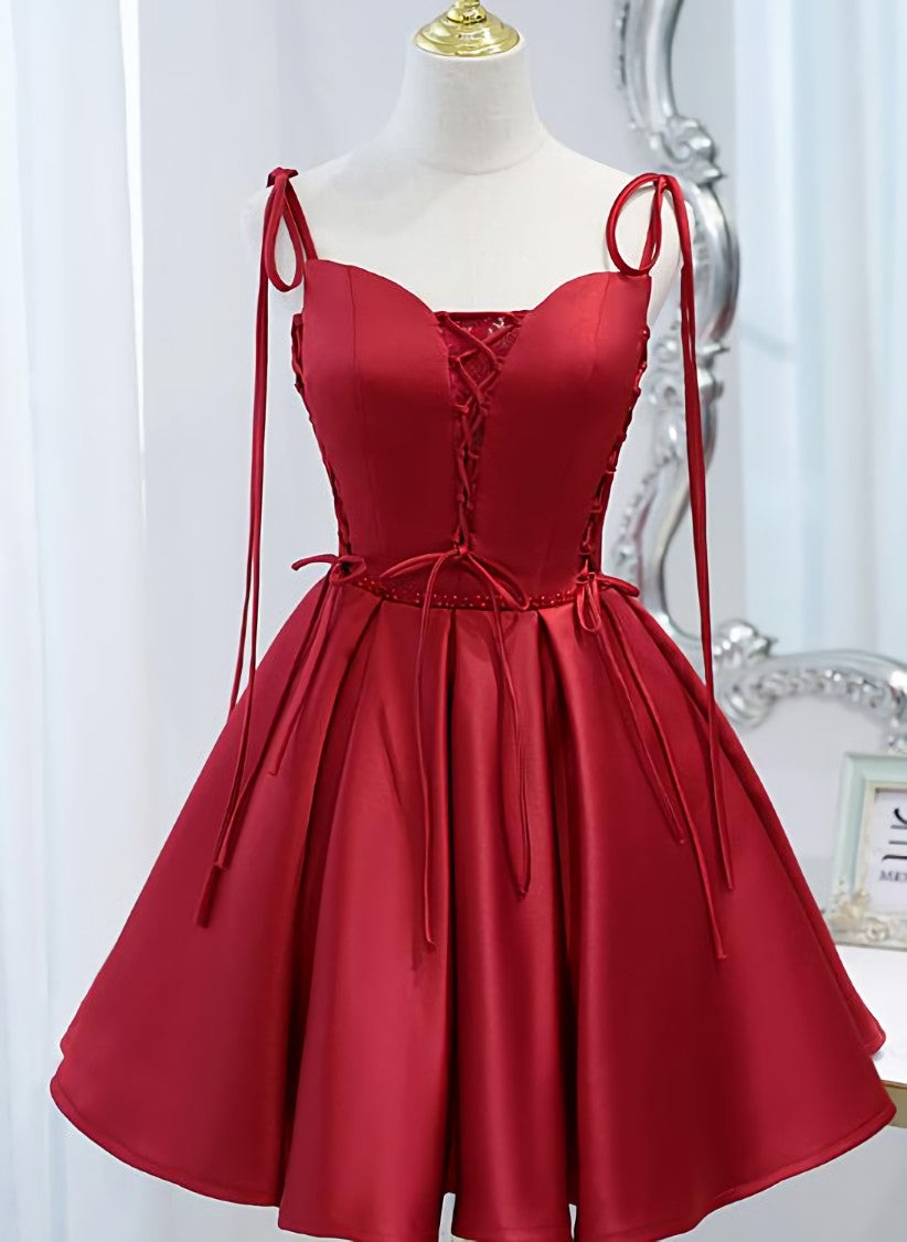Prom Dress Open Back, Wine Red Satin V-neckline Straps Beaded Short Prom Dress, Wine Red Party Dresses