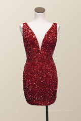 Prom Dressed 2029, Wine Red Sequin Tight Mini Dress