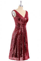 Bridesmaid Dress Modest, Wine Red Sequin V Neck Short Bridesmaid Dress