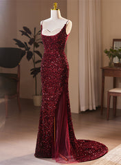 Bridesmaids Dresses Uk, Wine Red Sequins Mermaid Long Formal Dress, Wine Red Evening Dress Party Dress