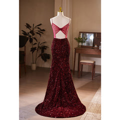 Bridesmaids Dresses Mismatched Fall, Wine Red Sequins Mermaid Long Formal Dress, Wine Red Evening Dress Party Dress