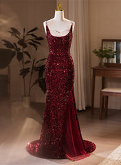 Bridesmaid Dress Uk, Wine Red Sequins Mermaid Long Formal Dress, Wine Red Evening Dress Party Dress