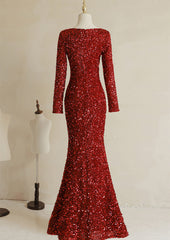 Wedding Dress With Sleeve, Wine Red Sequins Mermaid Long Sleeves Party Dress, Wine Red Long Wedding Party Dress
