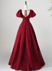 Party Dresses For Teens, Wine Red Short Sleeves A-line Floor Length Party Dress, Long Prom Dress