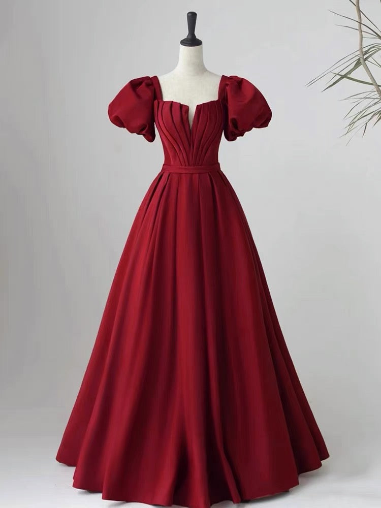 Party Dress Idea, Wine Red Short Sleeves A-line Floor Length Party Dress, Long Prom Dress