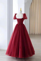 Party Dresses Classy Elegant, Wine Red Short Sleeves Beaded Long Prom Dress, Wine Red Sweetheart Party Dress