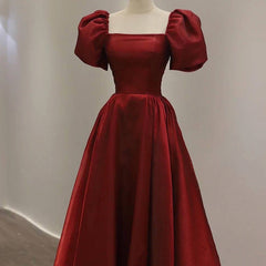 Wedding Dress Modern, Wine Red Short Sleeves Tea Length Wedding Party Dress, Wine Red Prom Dress
