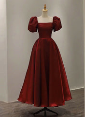 Wedding Dress Styles 2022, Wine Red Short Sleeves Tea Length Wedding Party Dress, Wine Red Prom Dress