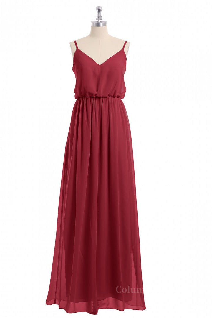Beach Wedding Dress, Wine Red Straps Blouson Chiffon Long Bridesmaid Dress
