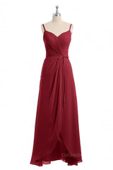 Small Wedding Ideas, Wine Red Straps Faux Wrap Long Bridesmaid Dress