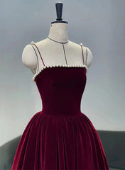 Formal Dresses Long Sleeve, Wine Red Straps Velvet Party Dress with Pearls, Wine Red Tea Length Formal Dress