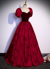 Evening Dress, Wine Red Sweetheart Short Sleeves Long Party Dress, Wine Red Evening Dress Prom Dress