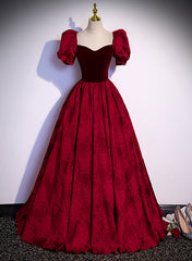 2031 Prom Dress, Wine Red Sweetheart Short Sleeves Long Party Dress, Wine Red Evening Dress Prom Dress