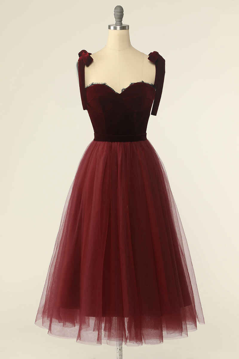 Homecoming Dresses With Tulle, Wine Red Sweetheart Tie-Strap A-Line Short Prom Dress