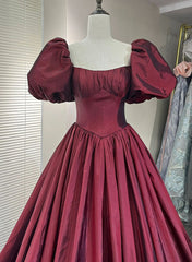 Engagement Photo, Wine Red Taffeta Short Sleeves Long Formal Dress, Wine Red Evening Dress Prom Dress