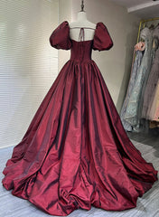 Bridesmaids Dresses Black, Wine Red Taffeta Short Sleeves Long Formal Dress, Wine Red Evening Dress Prom Dress