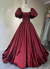 Bridesmaid Dresses Strapless, Wine Red Taffeta Short Sleeves Long Formal Dress, Wine Red Evening Dress Prom Dress