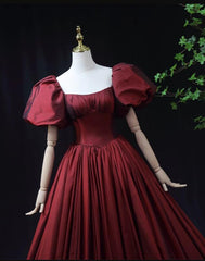 Bridesmaid Dress Floral, Wine Red Taffeta Short Sleeves Long Prom Dress, Wine Red Evening Dress Formal Dress