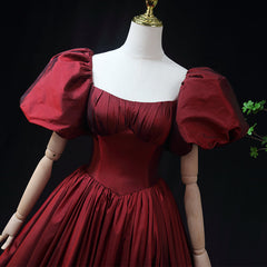 Bridesmaids Dresses Floral, Wine Red Taffeta Short Sleeves Long Prom Dress, Wine Red Evening Dress Formal Dress