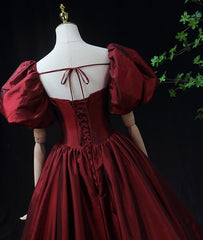 Bridesmaid Dress Lavender, Wine Red Taffeta Short Sleeves Long Prom Dress, Wine Red Evening Dress Formal Dress