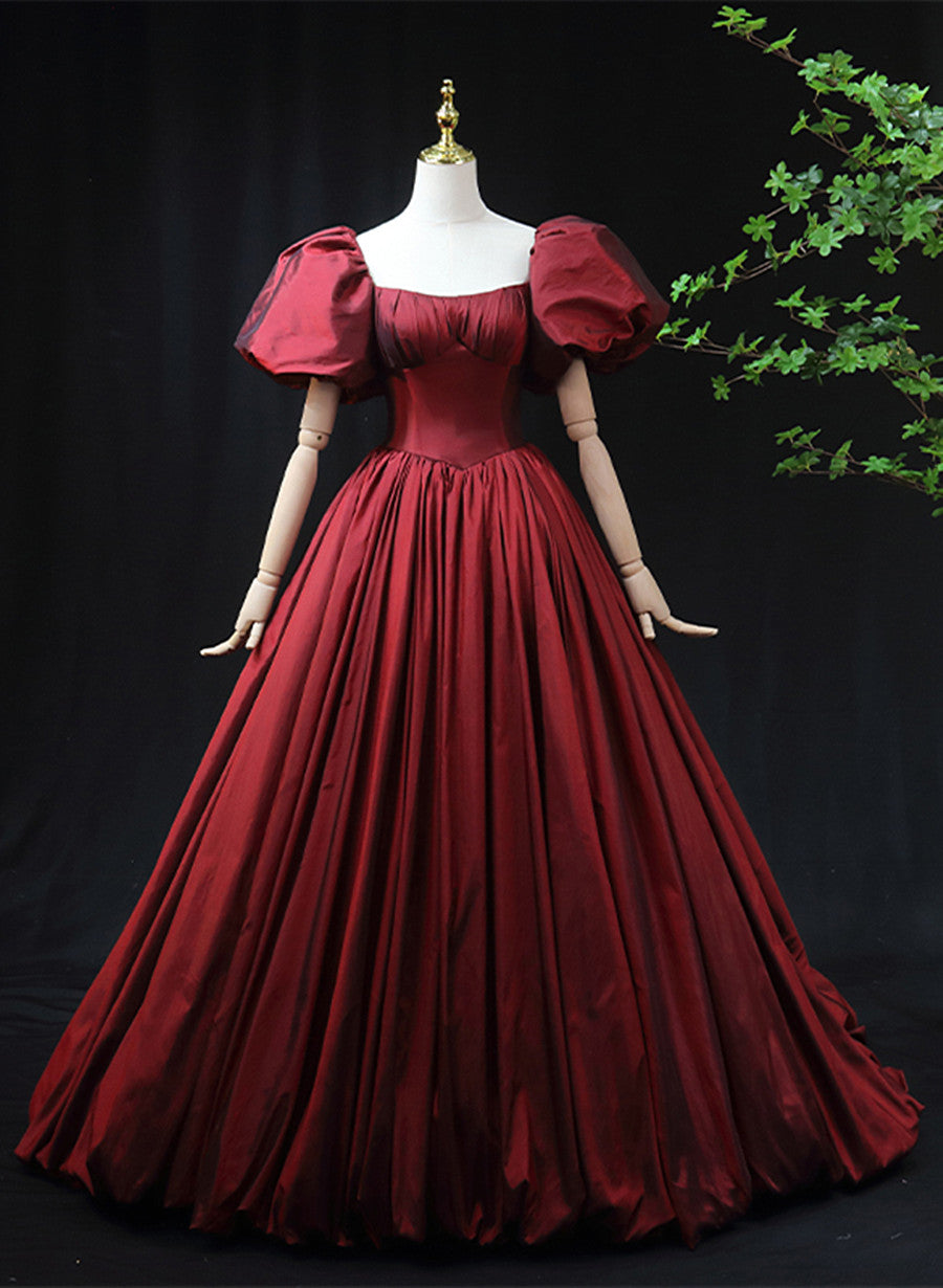 Bridesmaids Dress Floral, Wine Red Taffeta Short Sleeves Long Prom Dress, Wine Red Evening Dress Formal Dress