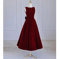 Wedding Dress Spring, Wine Red Tea Length Velvet Party Dress with Bow, Burgundy Wedding Party Dresses
