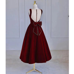 Wedding Dress Outlets, Wine Red Tea Length Velvet Party Dress with Bow, Burgundy Wedding Party Dresses