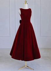 Wedding Dresses For Bride 2024, Wine Red Tea Length Velvet Party Dress with Bow, Burgundy Wedding Party Dresses