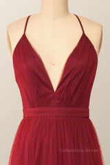 Party Dress Open Back, Wine Red Tulle A-line Long Maxi Dress
