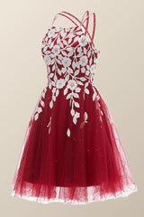 Prom Dresses Sites, Wine Red Tulle and White Appliques A-line Dress