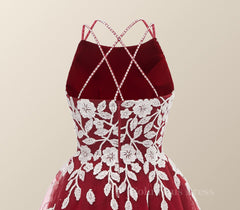 Prom Dresses Affordable, Wine Red Tulle and White Appliques A-line Dress
