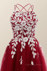 Prom Dress Affordable, Wine Red Tulle and White Appliques A-line Dress
