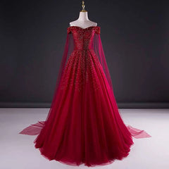Short Dress Style, Wine Red Tulle Beaded Tulle Sparkle Long Prom Dress, Dark Red Sweet 16 Gown