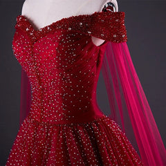 Women Dress, Wine Red Tulle Beaded Tulle Sparkle Long Prom Dress, Dark Red Sweet 16 Gown