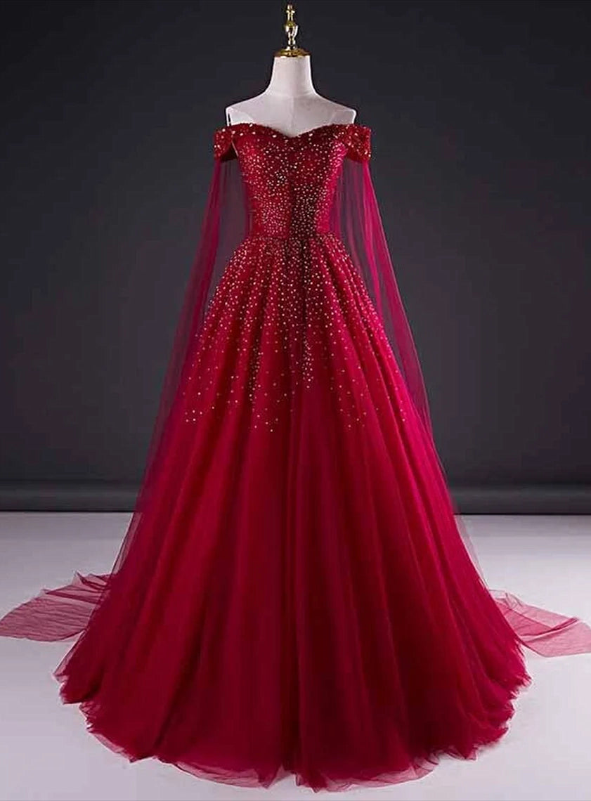 Wedding Dress Guest, Wine Red Tulle Beaded Tulle Sparkle Long Prom Dress, Dark Red Sweet 16 Gown