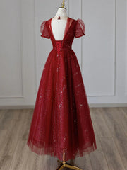 Evening Dress Prom, Wine Red Tulle Cap Sleeves Bridesmaid Dress, Wine Red Long Prom Dress