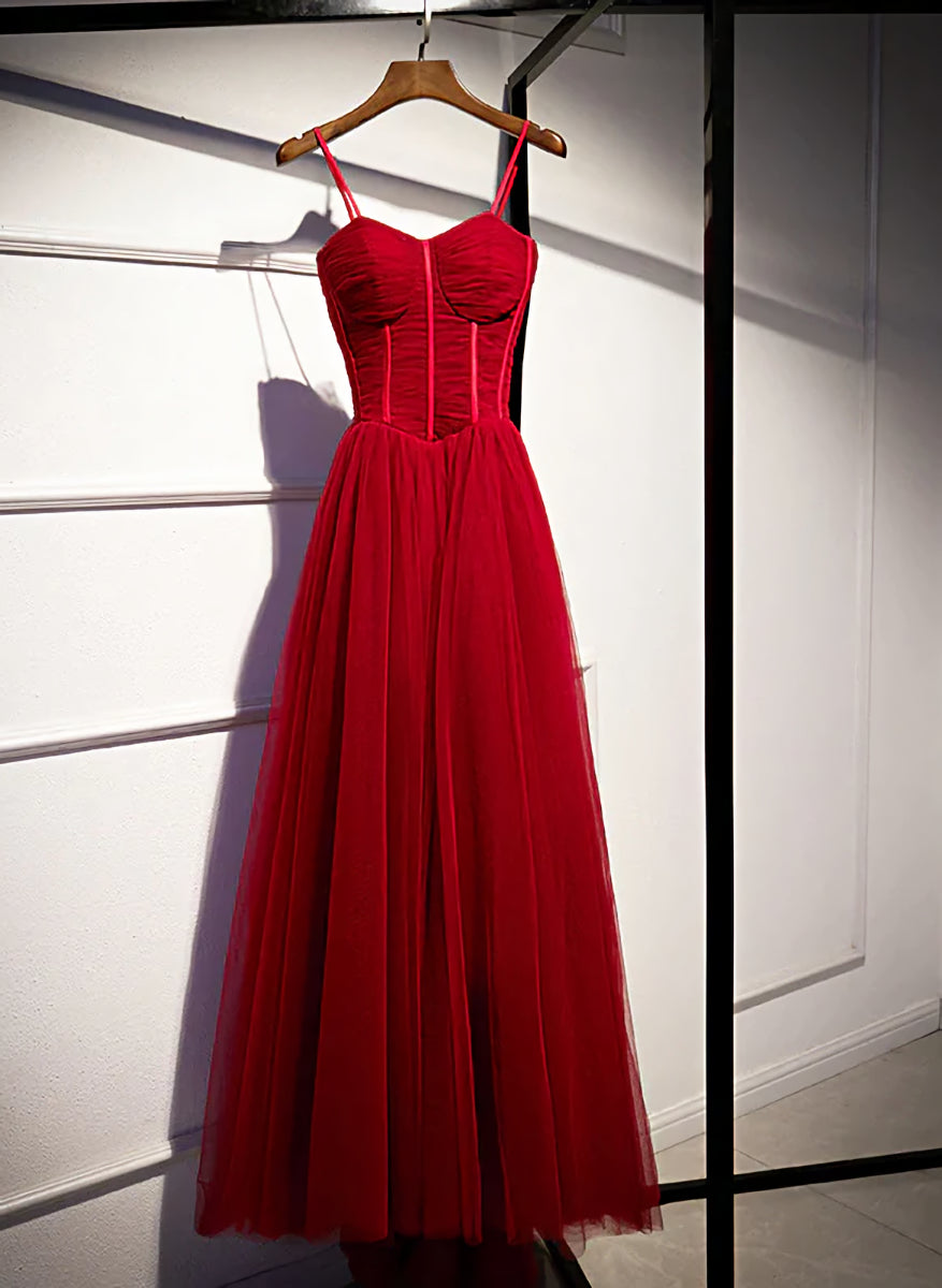 Prom Dress Shop Near Me, Wine Red Tulle Long Straps Party Dress Prom Dress, A-line Dark Red Formal Gown