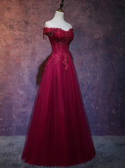 Women Dress, Wine Red Tulle Sweetheart Long Prom Dress, A-line Party Dress