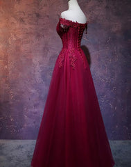 Maxi Dress Outfit, Wine Red Tulle Sweetheart Long Prom Dress, A-line Party Dress