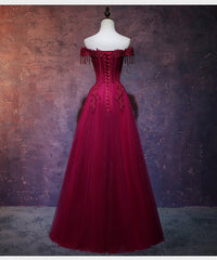Dress Short, Wine Red Tulle Sweetheart Long Prom Dress, A-line Party Dress