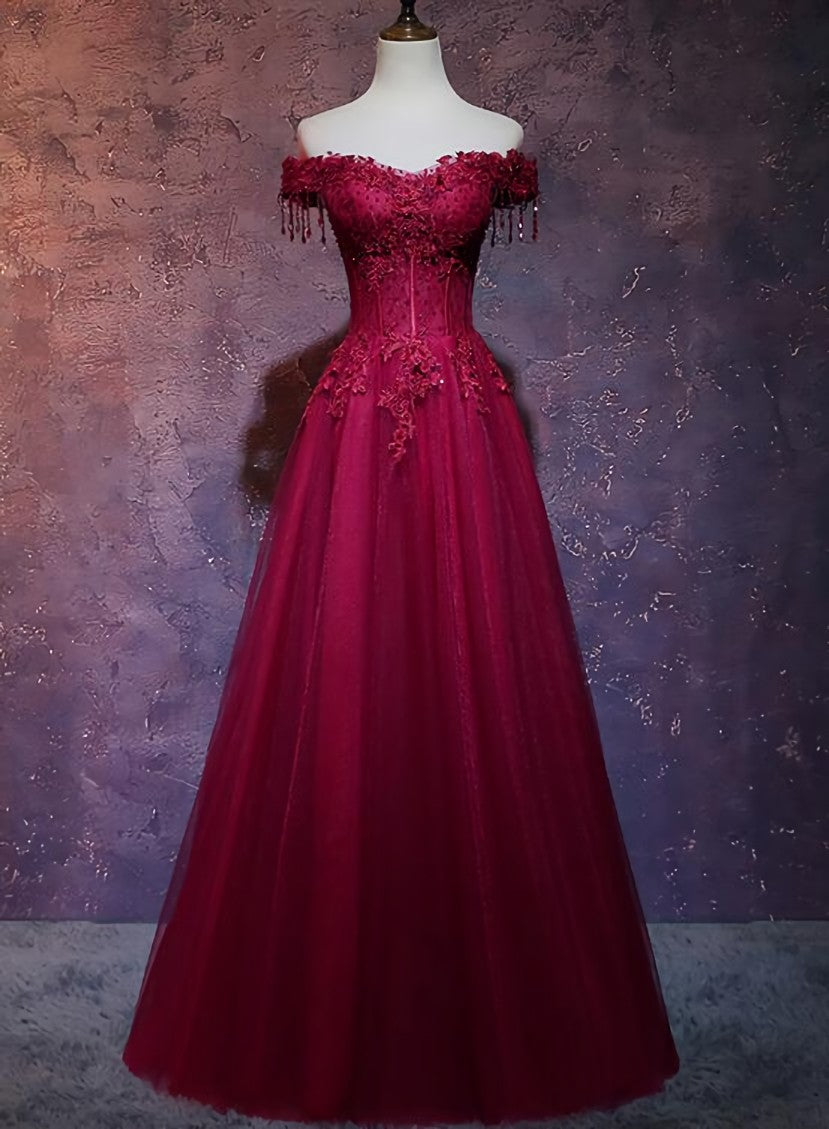 Short Dress Style, Wine Red Tulle Sweetheart Long Prom Dress, A-line Party Dress