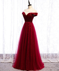 Prom Dresses For 2029, Wine Red Tulle with Velvet Long Party Dress, Wine Red Formal Dress Prom Dress