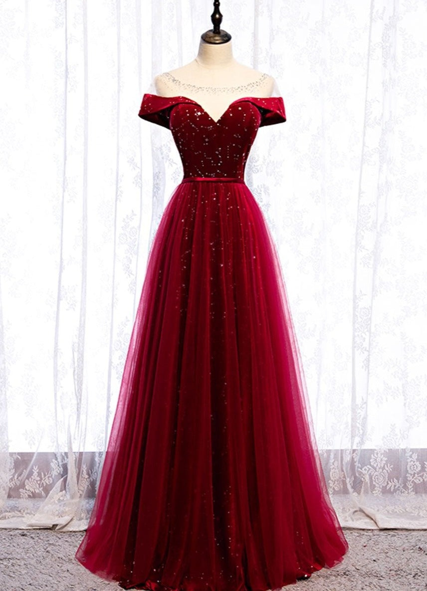 Prom Dresses For Adults, Wine Red Tulle with Velvet Long Party Dress, Wine Red Formal Dress Prom Dress