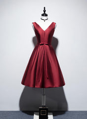 Party Dresses Weddings, Wine Red V-neckline Satin Lace-up Homecoming Dress, Short Prom Dress