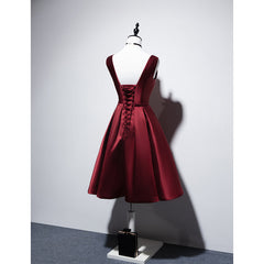 Party Dress Renswoude, Wine Red V-neckline Satin Lace-up Homecoming Dress, Short Prom Dress