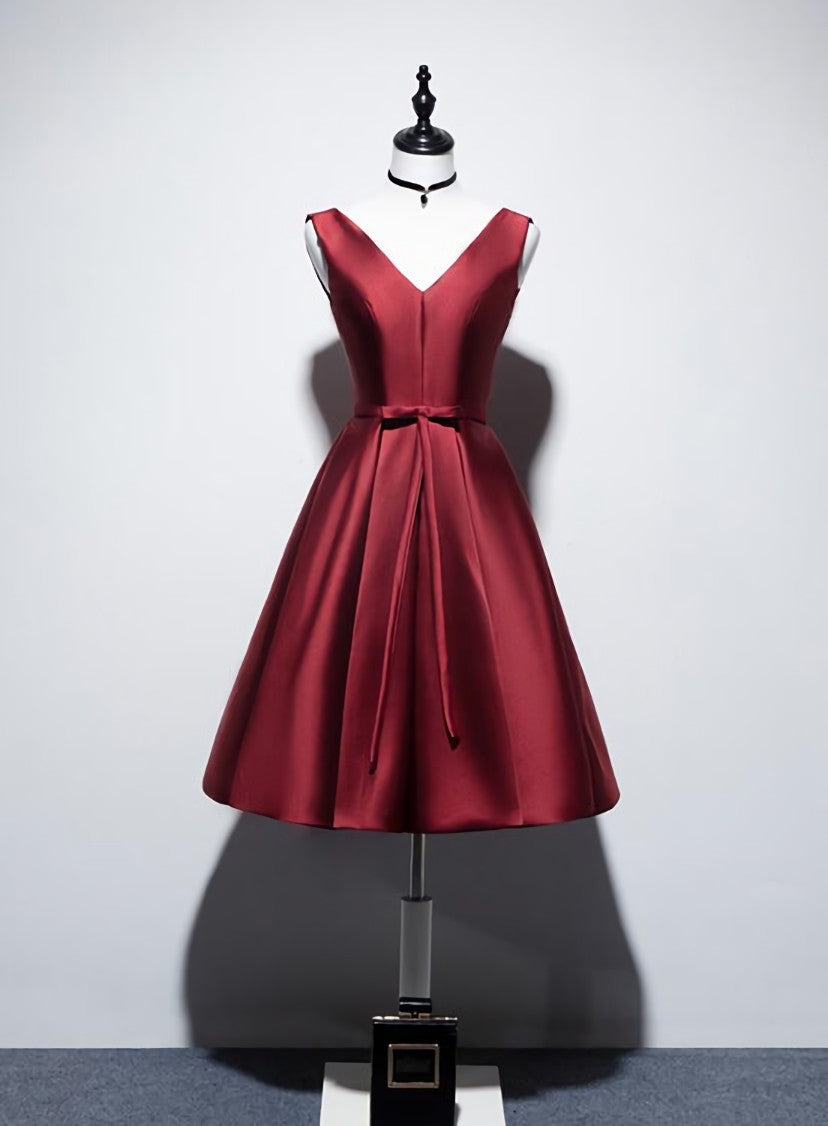 Party Dress Party Dress, Wine Red V-neckline Satin Lace-up Homecoming Dress, Short Prom Dress